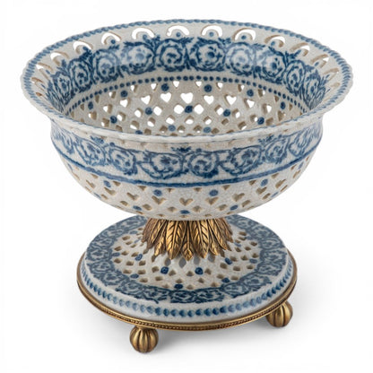 Danny's Fine Porcelain - Blue Scroll Porcelain Pierced Pedestal Bowl 11"L x 11"W x 9"H