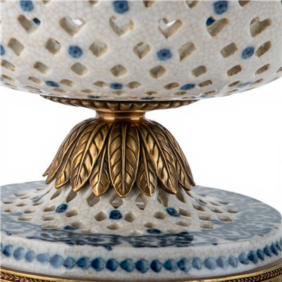Danny's Fine Porcelain - Blue Scroll Porcelain Pierced Pedestal Bowl 11"L x 11"W x 9"H