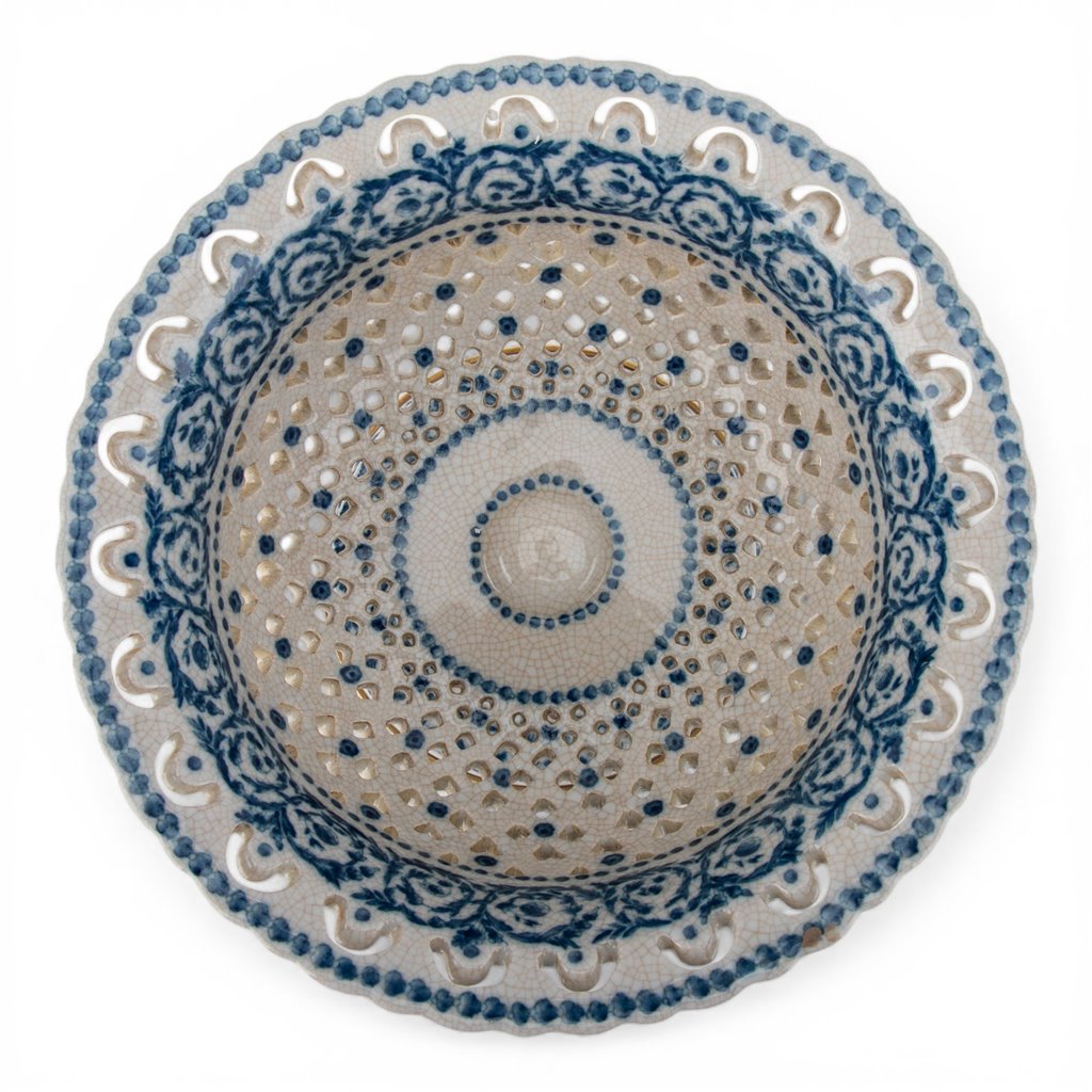 Danny's Fine Porcelain - Blue Scroll Porcelain Pierced Pedestal Bowl 11"L x 11"W x 9"H