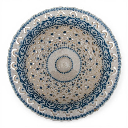 Danny's Fine Porcelain - Blue Scroll Porcelain Pierced Pedestal Bowl 11"L x 11"W x 9"H