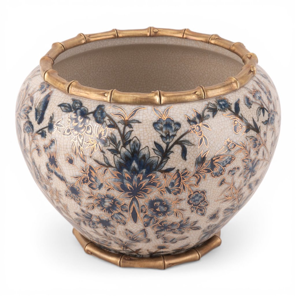 Danny’s Fine Porcelain - Midnight Garden Porcelain Floral Round Planter with Bronze Ormolu, 12"L x 12"W x 9"H