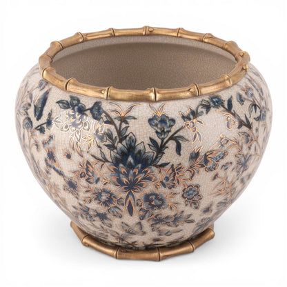 Danny’s Fine Porcelain - Midnight Garden Porcelain Floral Round Planter with Bronze Ormolu, 12"L x 12"W x 9"H