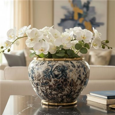 Danny’s Fine Porcelain - Midnight Garden Porcelain Floral Round Planter with Bronze Ormolu, 12"L x 12"W x 9"H