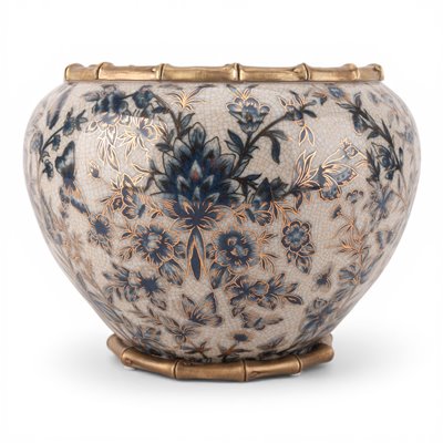 Danny’s Fine Porcelain - Midnight Garden Porcelain Floral Round Planter with Bronze Ormolu, 12"L x 12"W x 9"H