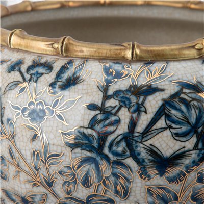 Danny’s Fine Porcelain - Midnight Garden Porcelain Floral Round Planter with Bronze Ormolu, 12"L x 12"W x 9"H