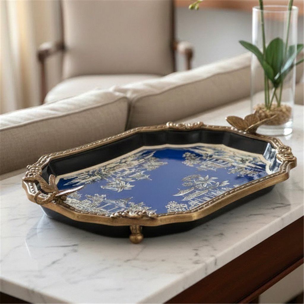 Danny's Fine Porcelain - Azure Pagoda Blue Porcelain Tray with Bronze Ormolu | Decorative Serving Tray #63015
