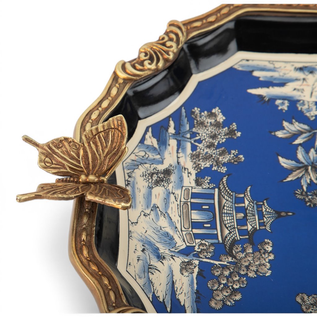 Danny's Fine Porcelain - Azure Pagoda Blue Porcelain Tray with Bronze Ormolu | Decorative Serving Tray #63015