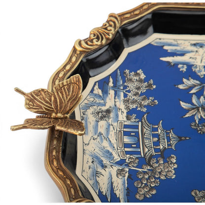 Danny's Fine Porcelain - Azure Pagoda Blue Porcelain Tray with Bronze Ormolu | Decorative Serving Tray #63015
