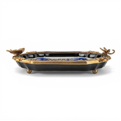 Danny's Fine Porcelain - Azure Pagoda Blue Porcelain Tray with Bronze Ormolu | Decorative Serving Tray #63015