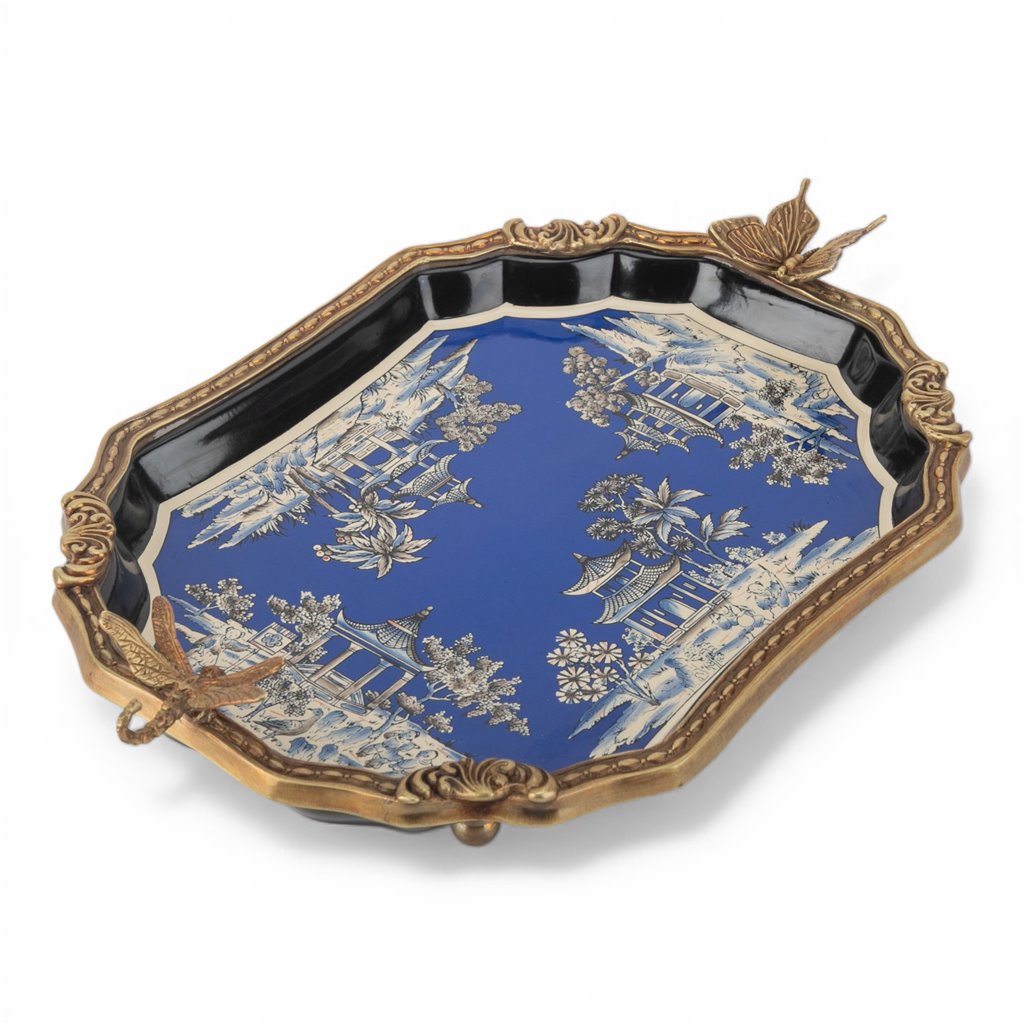 Danny's Fine Porcelain - Azure Pagoda Blue Porcelain Tray with Bronze Ormolu | Decorative Serving Tray #63015