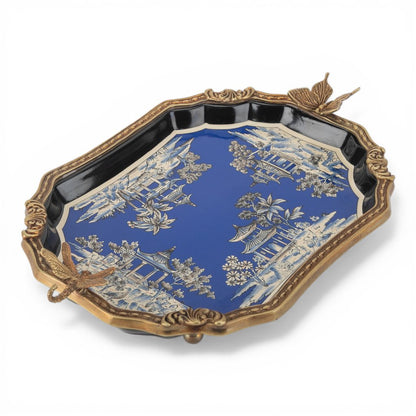 Danny's Fine Porcelain - Azure Pagoda Blue Porcelain Tray with Bronze Ormolu | Decorative Serving Tray #63015