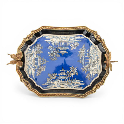 Danny's Fine Porcelain - Azure Pagoda Blue Porcelain Tray with Bronze Ormolu | Decorative Serving Tray #63015