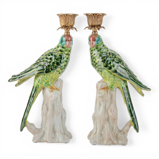 Danny's Fine Porcelain -Pair of Porcelain Green Parrot Candleholders with Bronze Ormolu | Figural Candlesticks #63023_63024