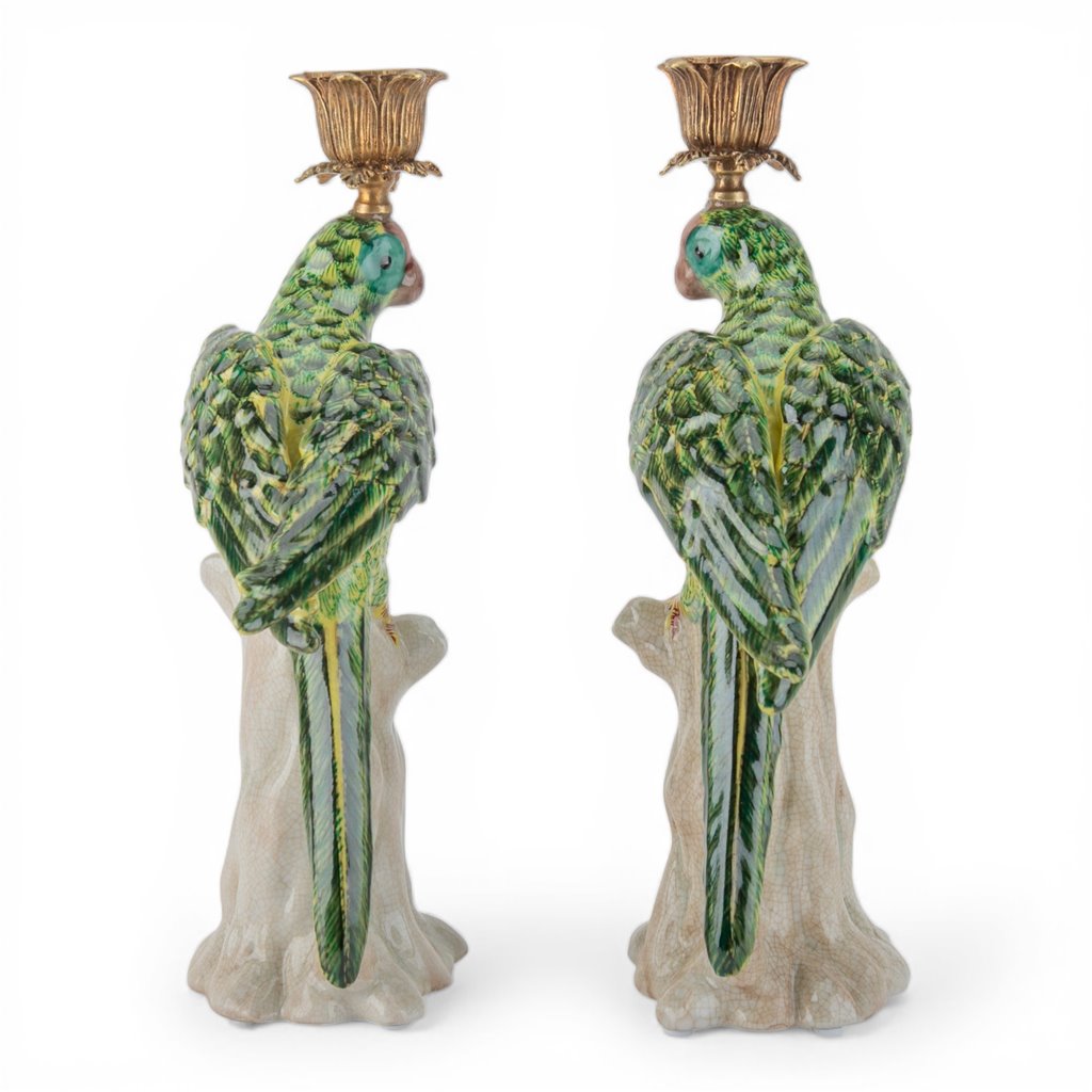 Danny's Fine Porcelain -Pair of Porcelain Green Parrot Candleholders with Bronze Ormolu | Figural Candlesticks #63023_63024