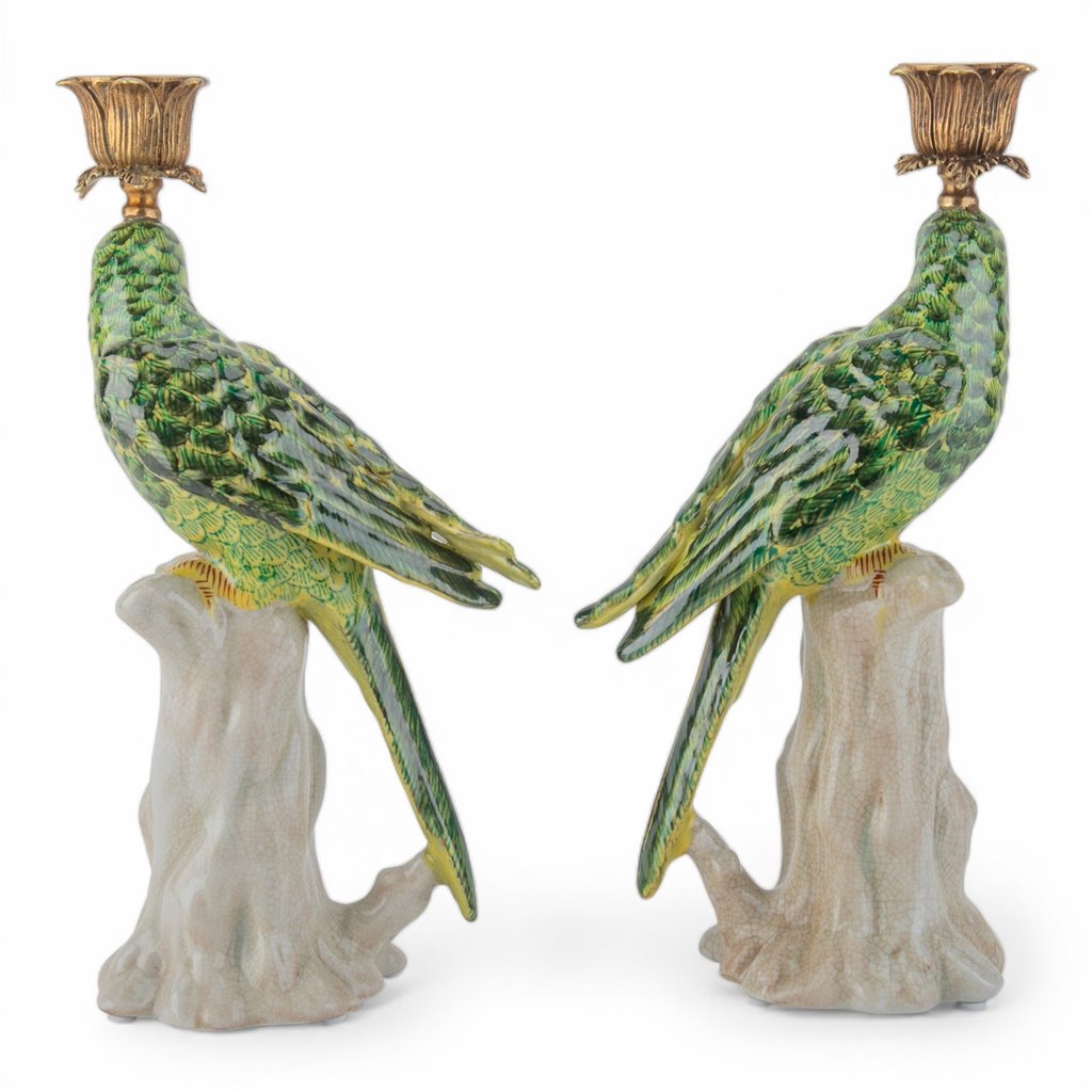 Danny's Fine Porcelain -Pair of Porcelain Green Parrot Candleholders with Bronze Ormolu | Figural Candlesticks #63023_63024