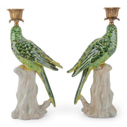 Danny's Fine Porcelain -Pair of Porcelain Green Parrot Candleholders with Bronze Ormolu | Figural Candlesticks #63023_63024
