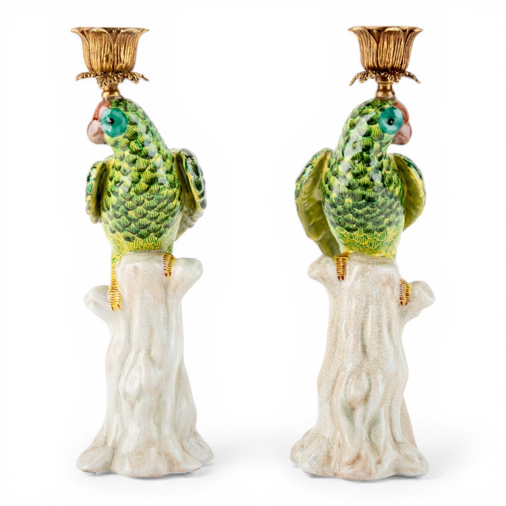 Danny's Fine Porcelain -Pair of Porcelain Green Parrot Candleholders with Bronze Ormolu | Figural Candlesticks #63023_63024