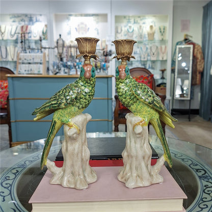 Danny's Fine Porcelain -Pair of Porcelain Green Parrot Candleholders with Bronze Ormolu | Figural Candlesticks #63023_63024