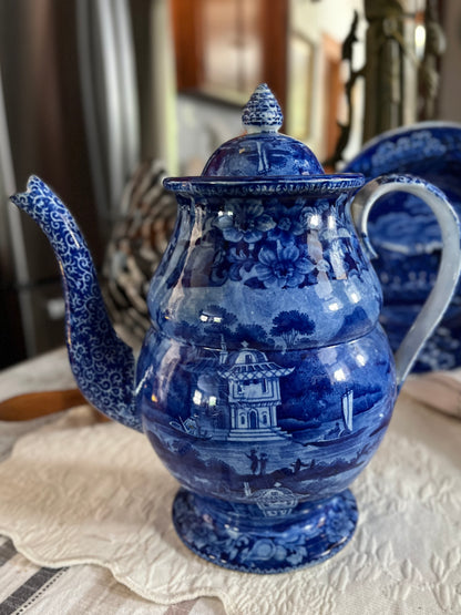 RESERVED - CGHOLL - Live 08/04 Early Historical Blue Transferware Coffee Pot Collectible Rare Double Transfer - Estate Collection