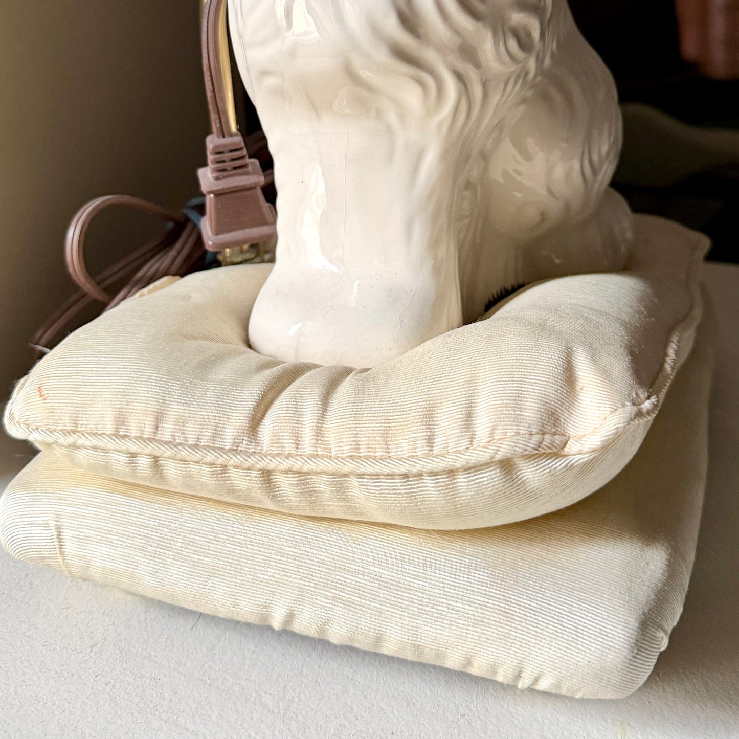 From my private collection... staffordshire style dog on silk pillows lamp with tulip shade