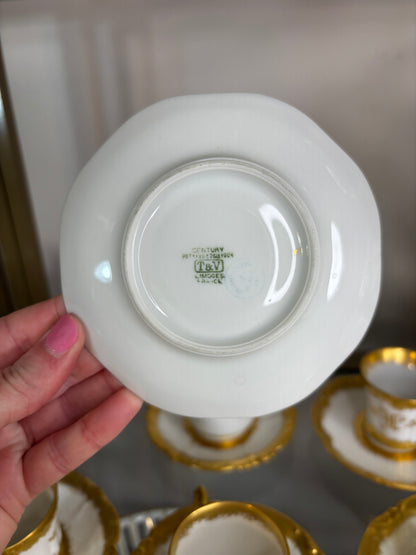 Antique Monogrammed Limoges Porcelain Cups & Saucers, Set of 6, Hand-Painted, French & German, c. 1900