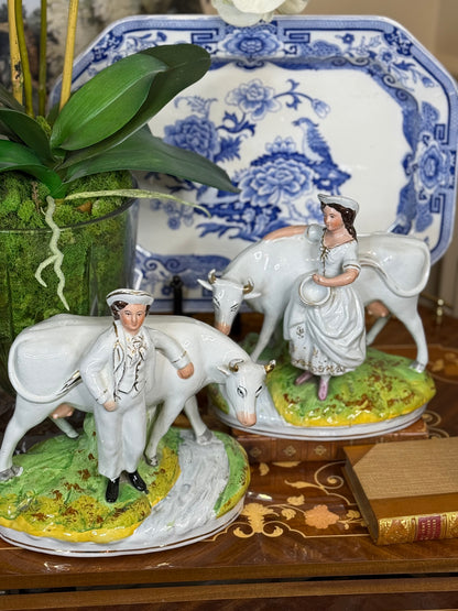 Antique Staffordshire Cow & Milkmaid Flatback Figures | Right & Left Pair | Victorian England | c.1860