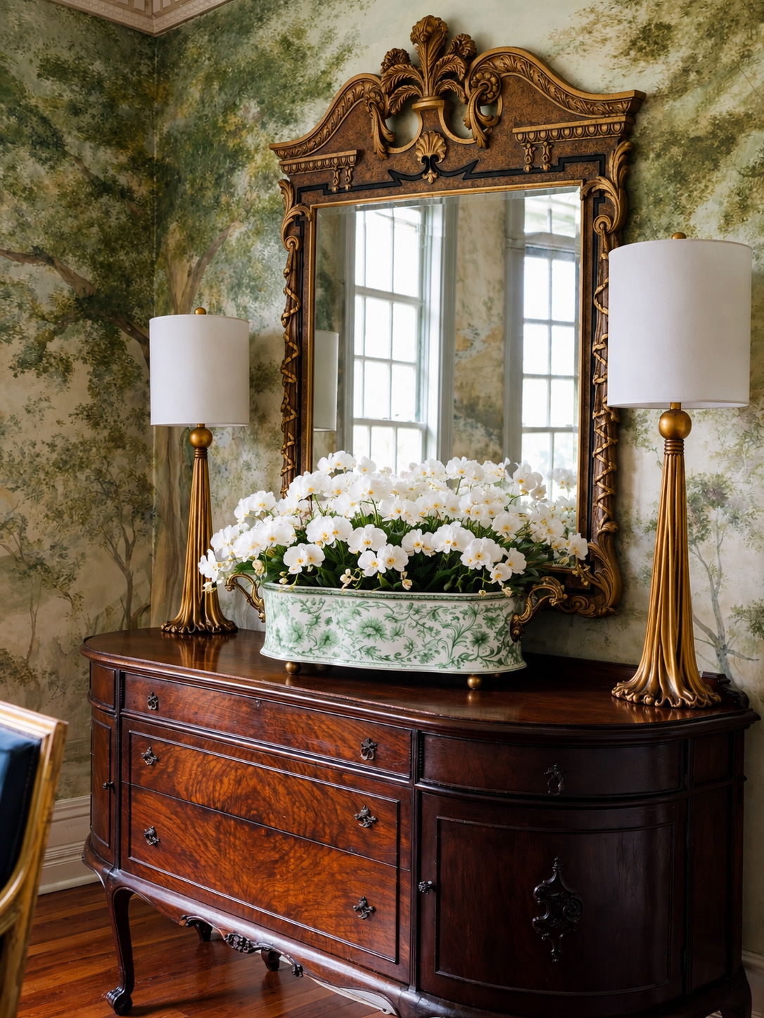 Danny's Fine Porcelain -  Green & White Porcelain "Prim rose" Basin, Bronze Detailing, 22x11" #14315