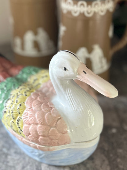 Live 06/22 Antique Staffordshire Duck Tureen | Early 19th-Century Pearlware | Hand-Painted Covered Bird Server -Professional Repair Priced Accordingly