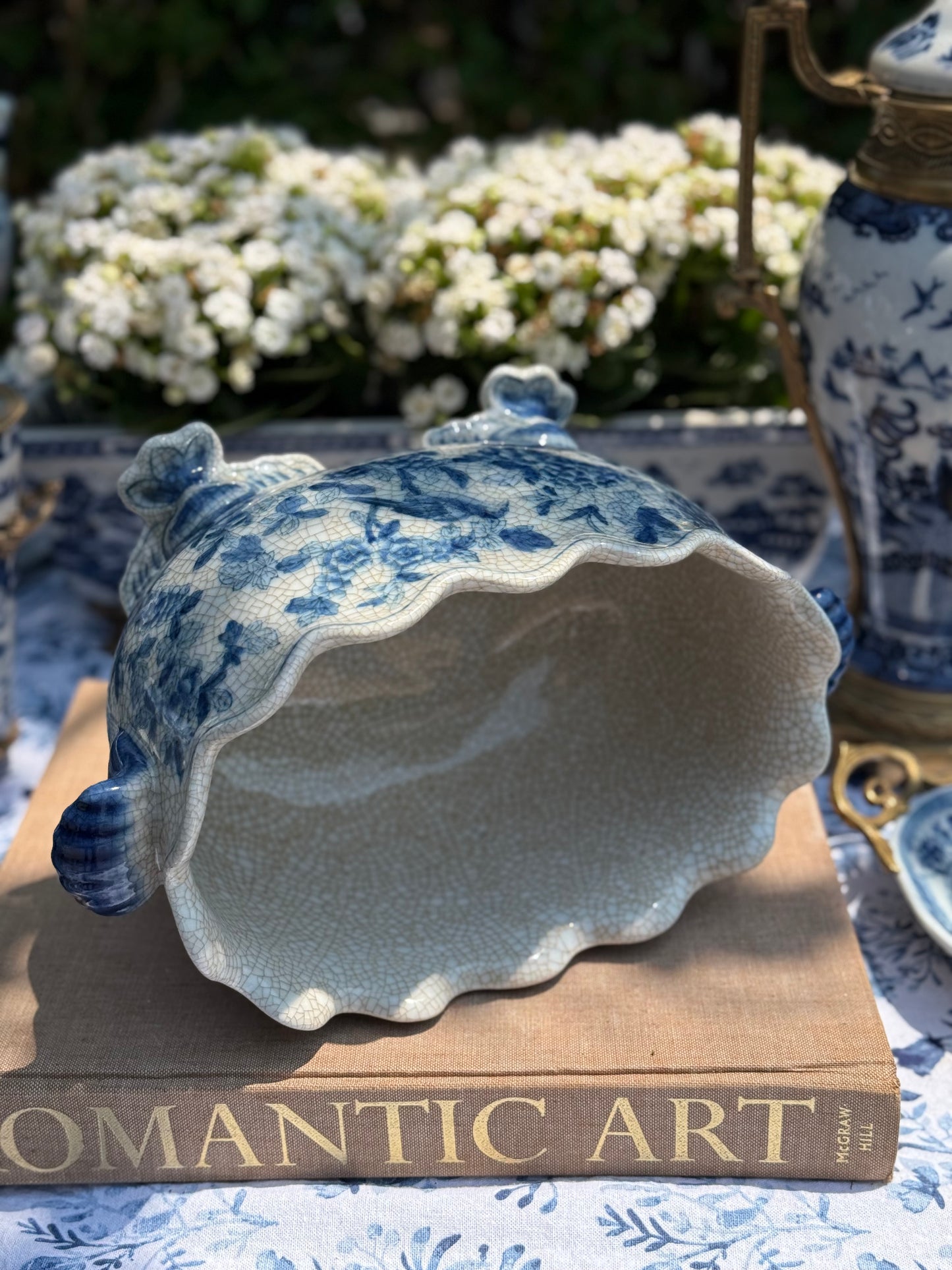 Danny's Fine Porcelain - SCALLOP EDGE PORCELAIN OVAL BASIN -BLUE BIRDS, 12L X 8W X 7H