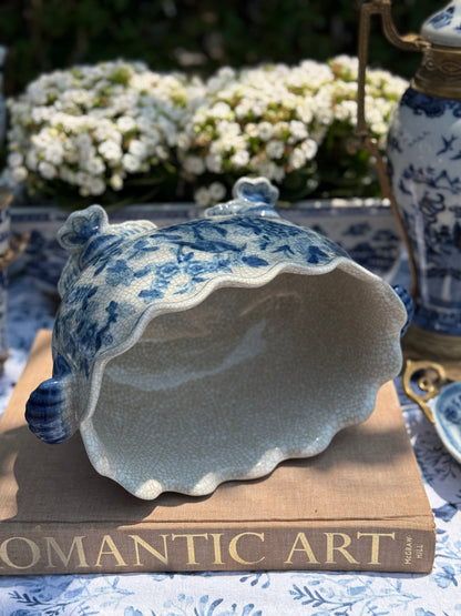 Danny's Fine Porcelain - SCALLOP EDGE PORCELAIN OVAL BASIN -BLUE BIRDS, 12L X 8W X 7H