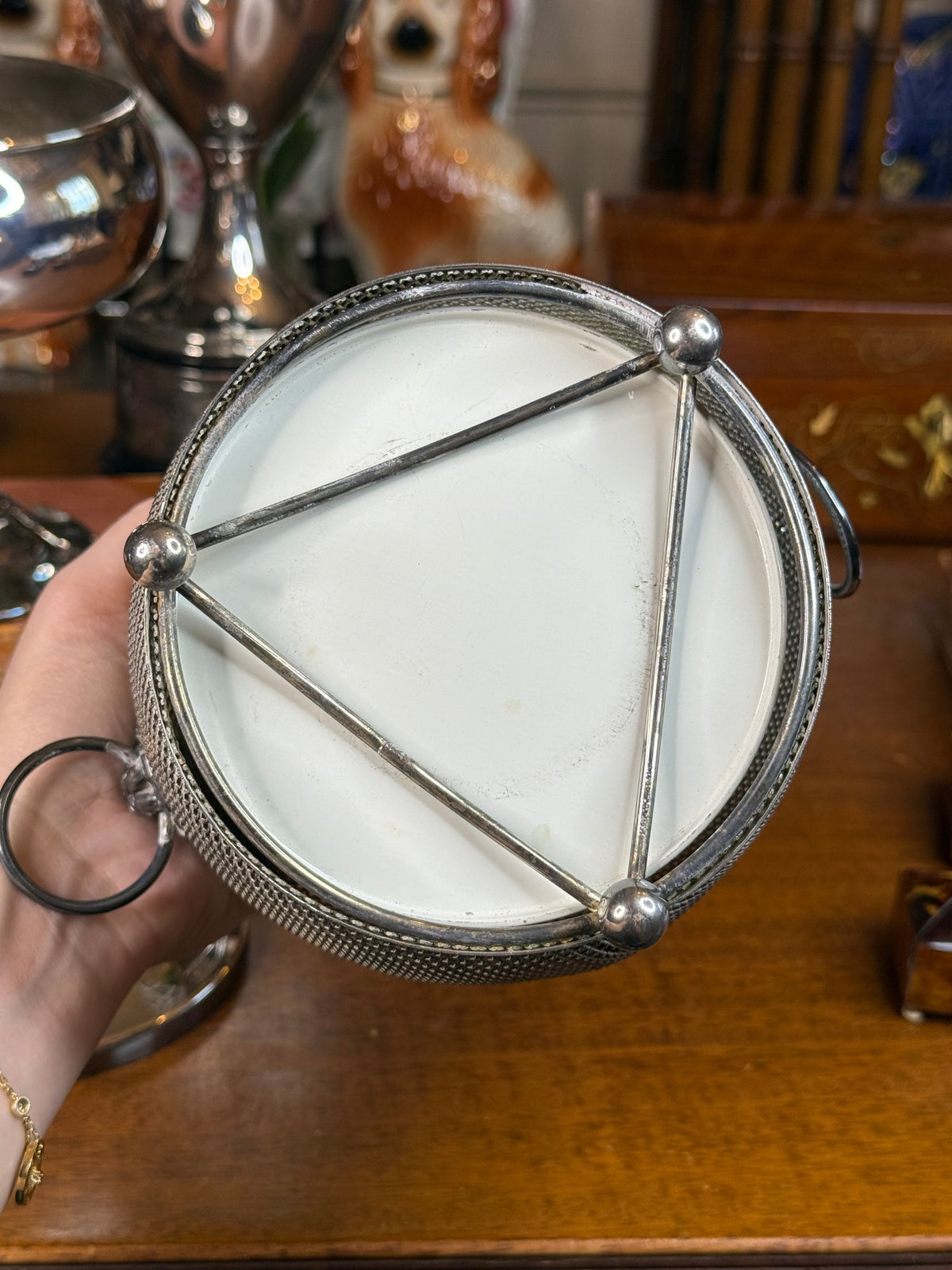 Vintage English Silver Plate Biscuit Barrel / Ice Bucket with Lion Mask Handles & Monogram G, c. 1930–1950 – 8”H