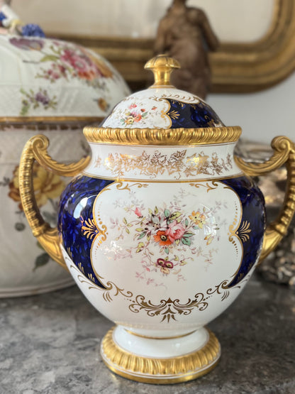 Live 08/04 Antique Coalport “Sevres Group” Lidded Pot| Cobalt Blue, Hand-Painted Florals & Gilt | c. Late 1891 -1920 Green Backstamp