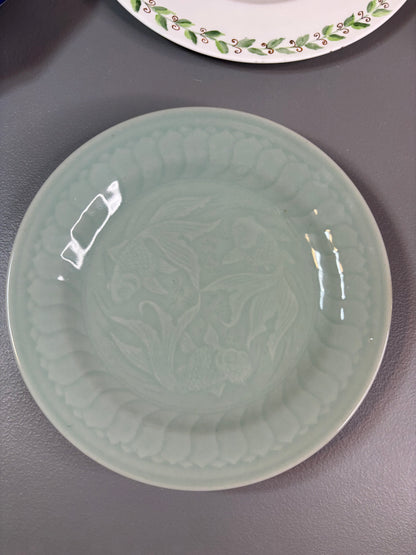 Beautiful celadon plate featuring koi fish!