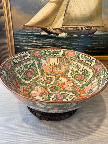 Vintage Rose Medallion 12” Large Hand Painted Punch Bowl with Wood Base Excellent Condition