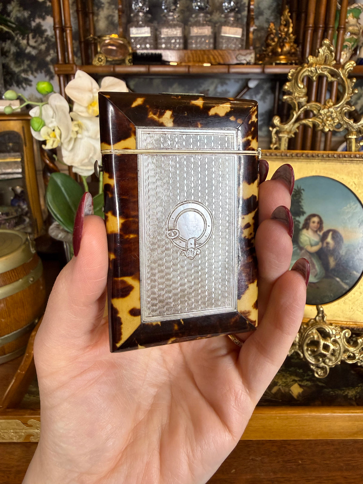Antique Victorian TShell🐢🤎 Calling Card Case | Carved Mother-of-Pearl & Sterling Silver Panel | Red Velvet Interior | 3.5” × 2.25”