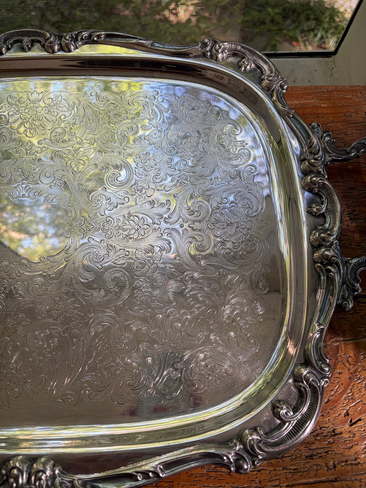 Stunning Gorham Newport large ornate silverplated serving tray with shell motif handles!