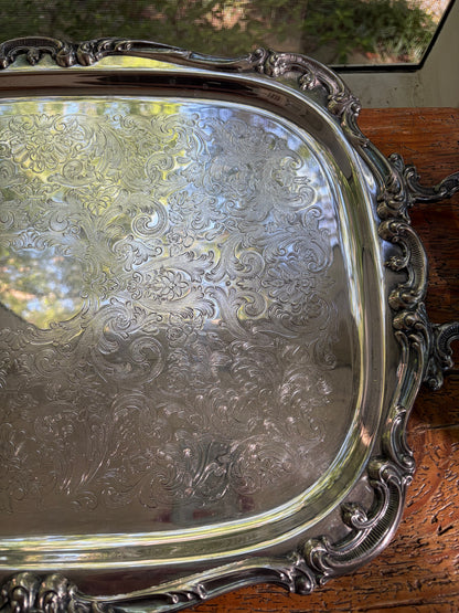 Stunning Gorham Newport large ornate silverplated serving tray with shell motif handles!