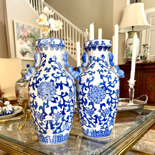 Statuesque Perfect Pair of  blue & white chinoiserie floral 12in vases.