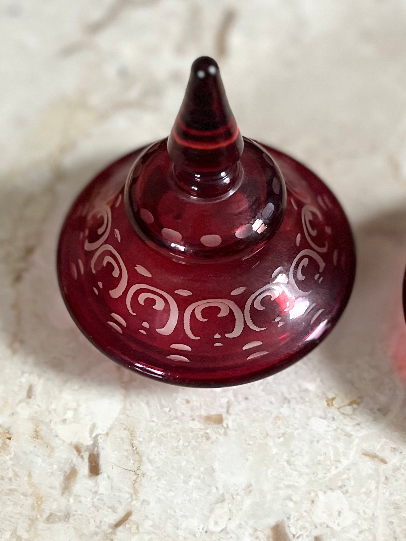 19th Century Continental Ruby Red Cut-to-Clear Lidded Goblets with Landscape Etching, Pair in perfect condition
