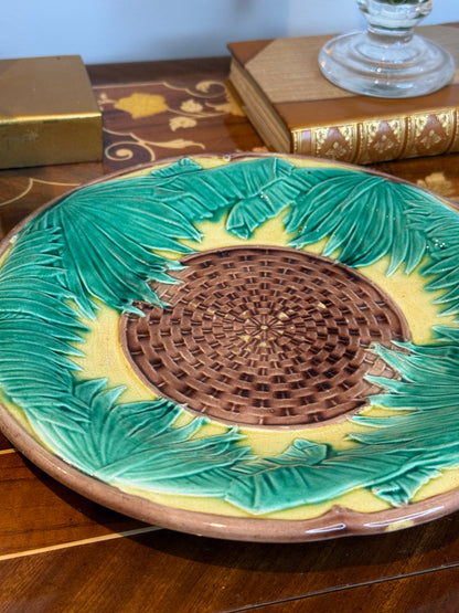 Antique French Majolica Sunflower Basketweave Plate 9.25” c.1880–1900