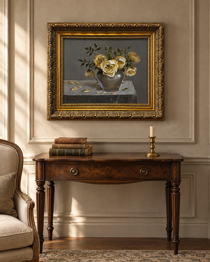 Yellow Roses in a Silver Vase Original Oil Painting with Ornate Gold Frame