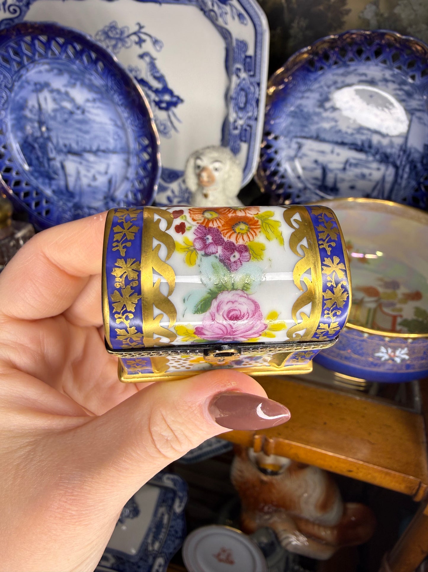 Vintage Limoges France Hand-Painted Porcelain Perfume Chest with 3 Cobalt Glass Bottles