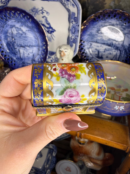 Vintage Limoges France Hand-Painted Porcelain Perfume Chest with 3 Cobalt Glass Bottles