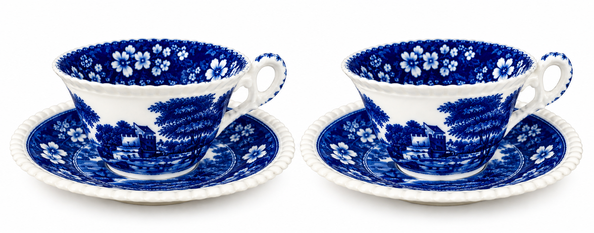 Pair Copeland Spode Tower Blue Oversized Tea Cups & Saucers | c.1902–1935