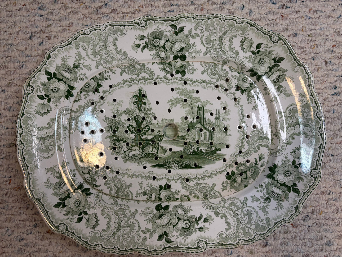 Stunning antique William Adams & Sons "Fountain Scenery" green and white transferware platter with strainer!