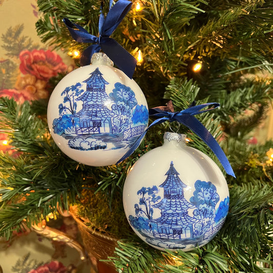Chinoiserie blue and white pagoda glass ball ornament