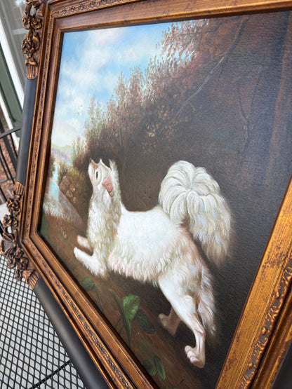 Beautiful signed painting of dog chasing a butterfly in ornate frame!