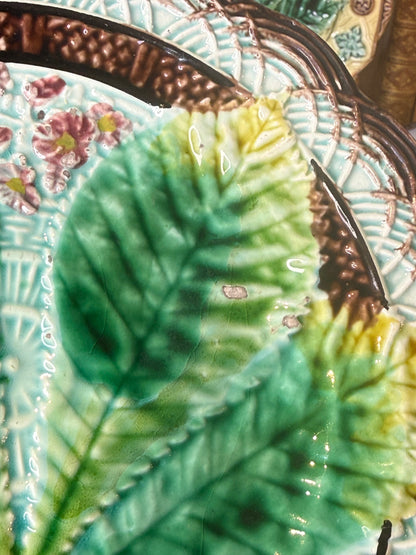 Pair of Antique English Majolica Botanical Plates | Grape Vine & Horse Chestnut Leaf | Victorian Cabinet Plates | 7¼” & 7¾”
