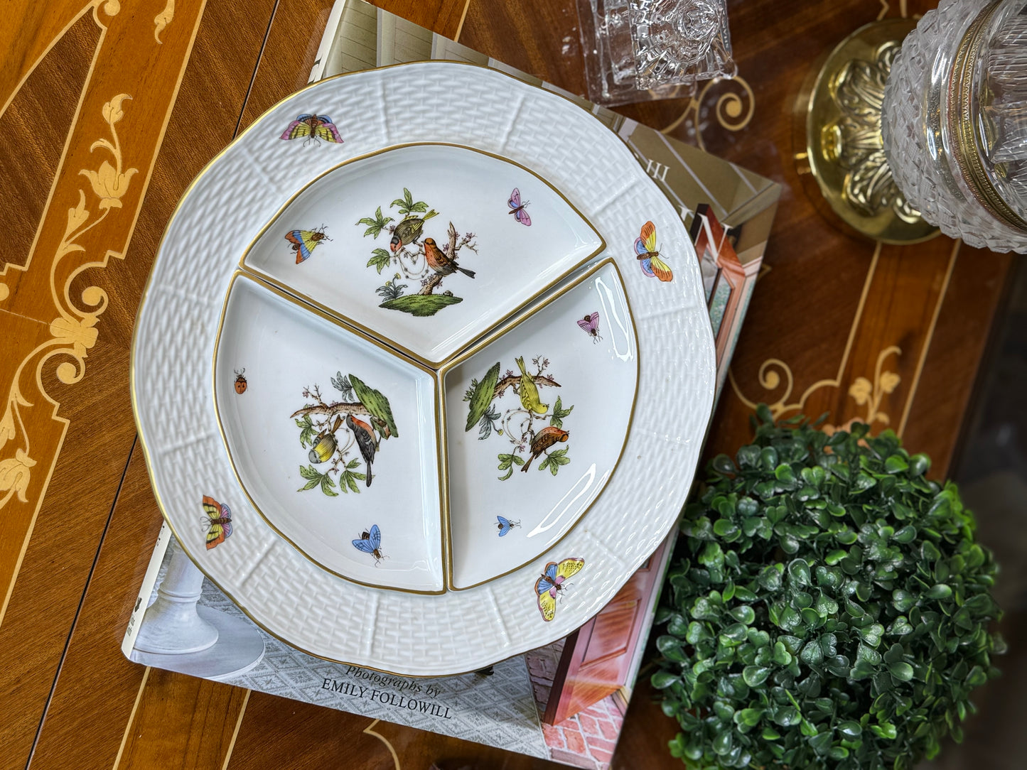 Herend Hungary Rothschild Hand-Painted Birds & Butterflies Divided Serving Platter with 3 Inserts | 10”