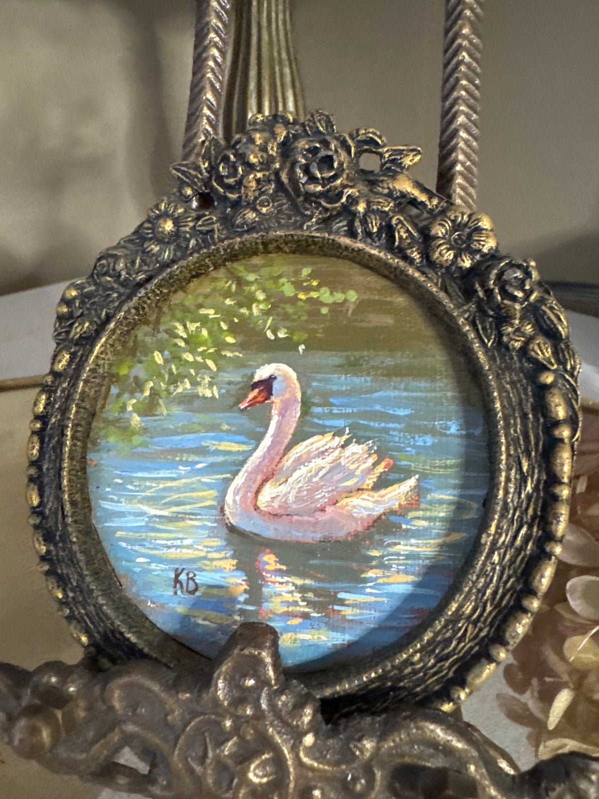 Day 13 Swan original oil painting in brass vintage frame